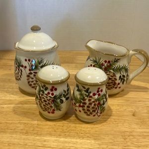 Serving pieces in Pine Cone & Berries pattern by Target Home.  Retired, rare.